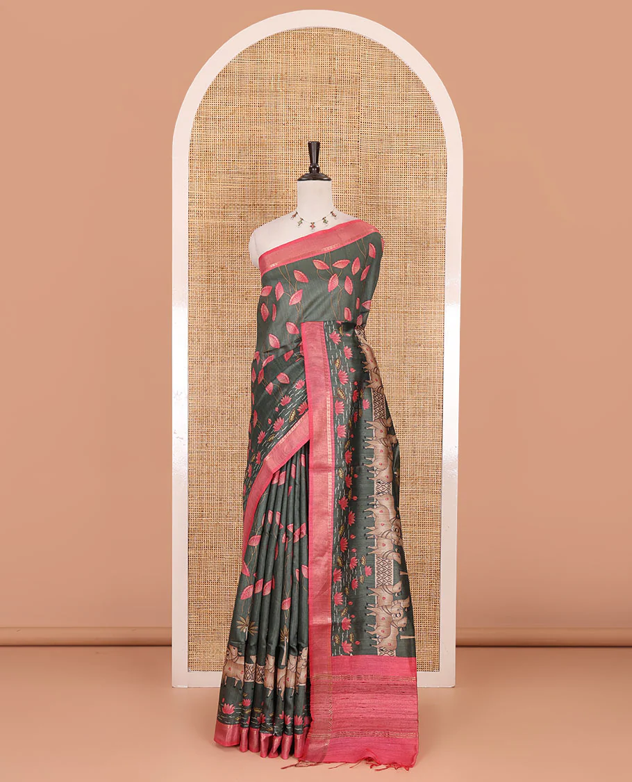 Grey Pichwai lotus floral vine and cow motifs printed tussar silk saree, contrast zari border, and striped pallu - Image 2
