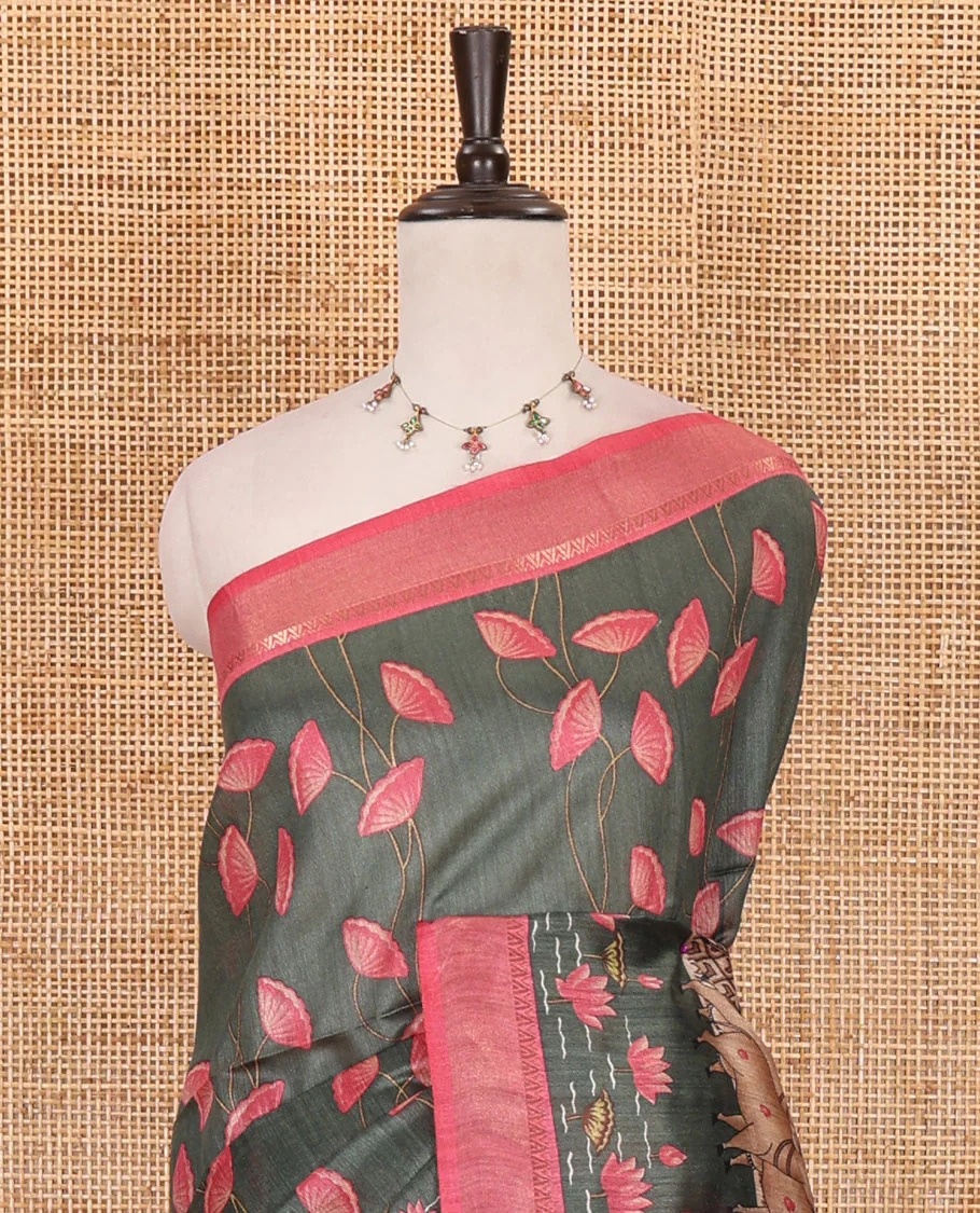 Grey Pichwai lotus floral vine and cow motifs printed tussar silk saree, contrast zari border, and striped pallu - Image 3