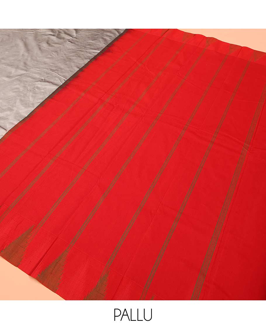 Grey plain Bangalore silk saree, contrast temple border, and striped pallu - Image 5