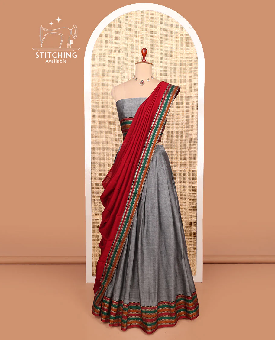 Grey plain cotton half-saree with contrast traditional motifs woven thread bordered skirt, matching blouse, and a contrast traditional bordered dhavani - Image 3