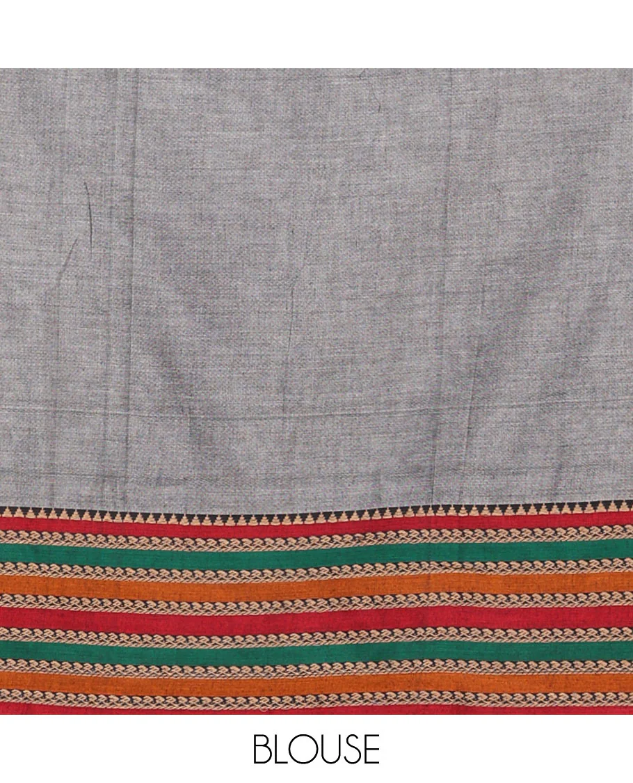 Grey plain cotton half-saree with contrast traditional motifs woven thread bordered skirt, matching blouse, and a contrast traditional bordered dhavani - Image 4