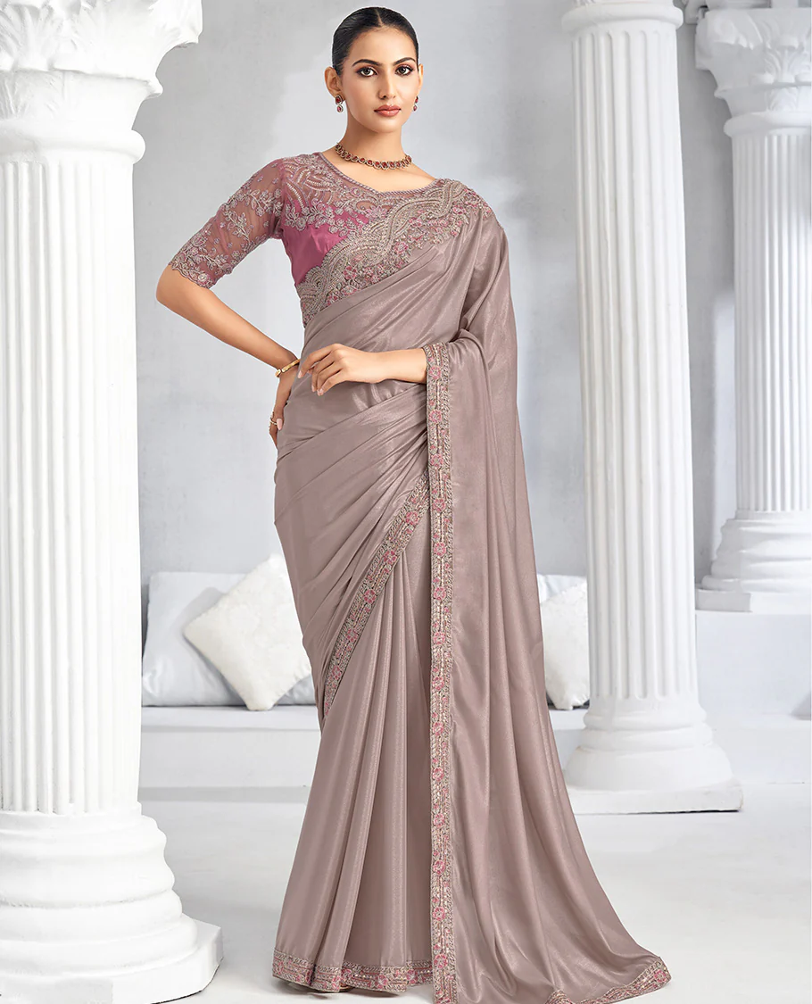 Grey plain designer saree, scallop embroidered border, and self-pallu