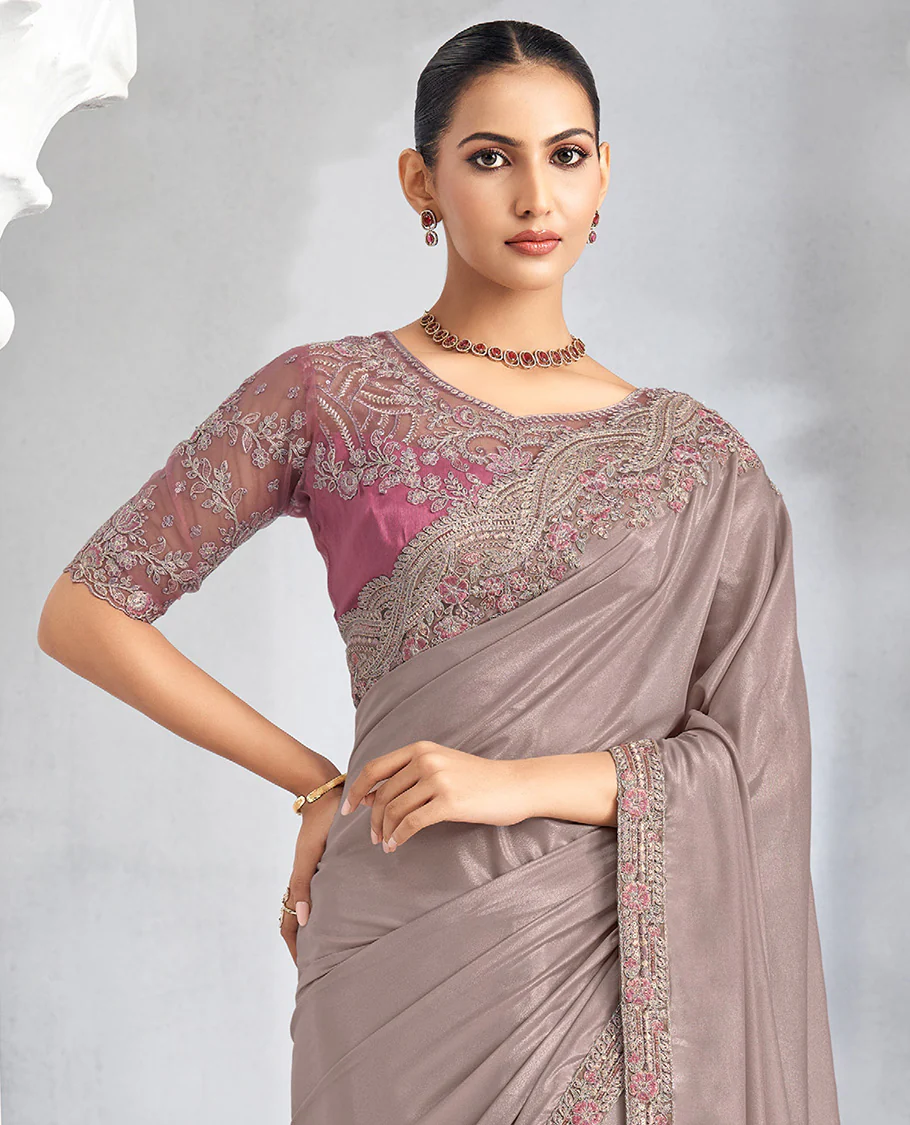 Grey plain designer saree, scallop embroidered border, and self-pallu - Image 2