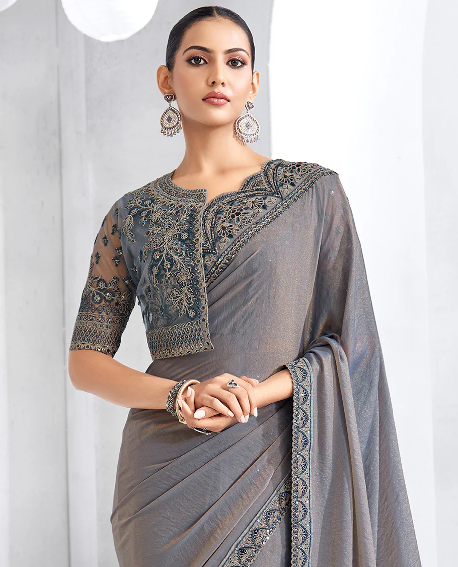 Grey plain designer saree, scallop embroidered border, self-pallu, and a heavy embroidered jacket blouse - Image 2