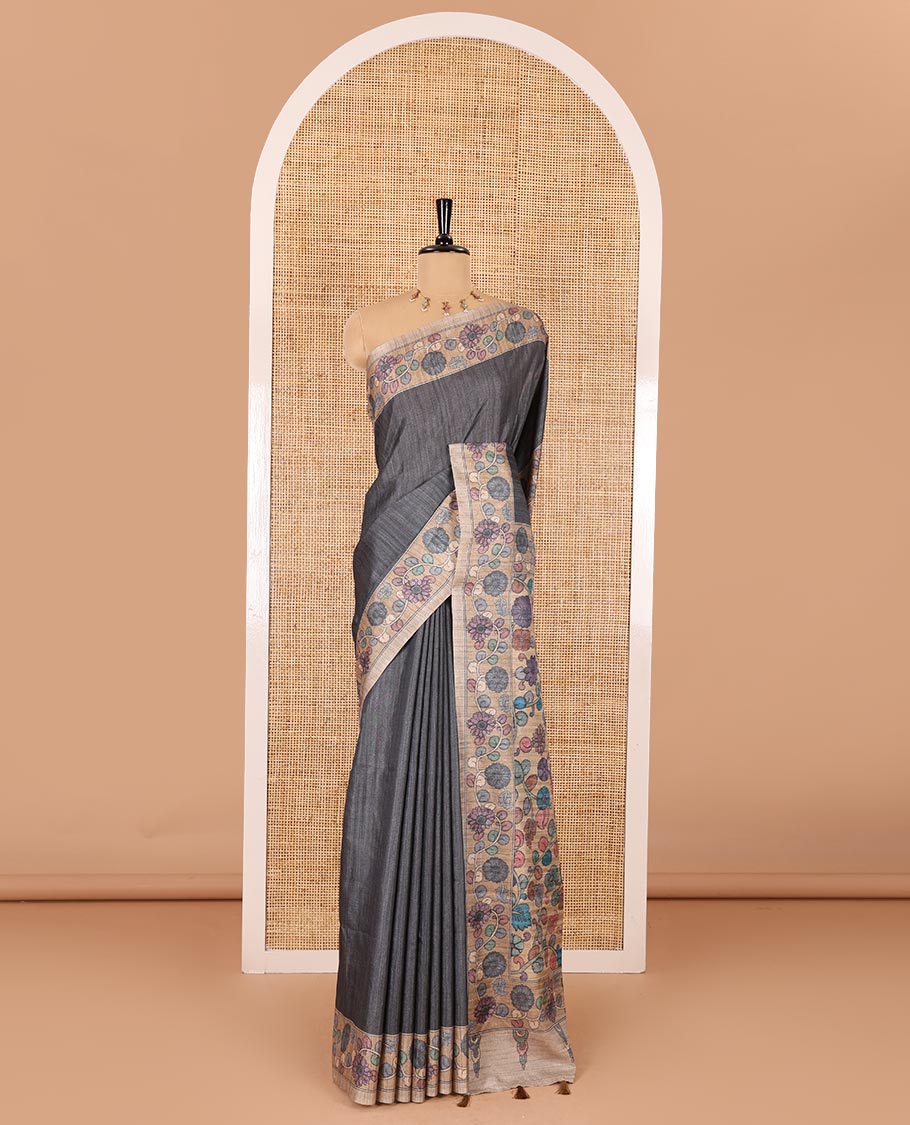 Grey plain fancy tussar saree, contrast floral creeper border, pallu of kalamkari floral vine print, and floral printed blouse - Image 2