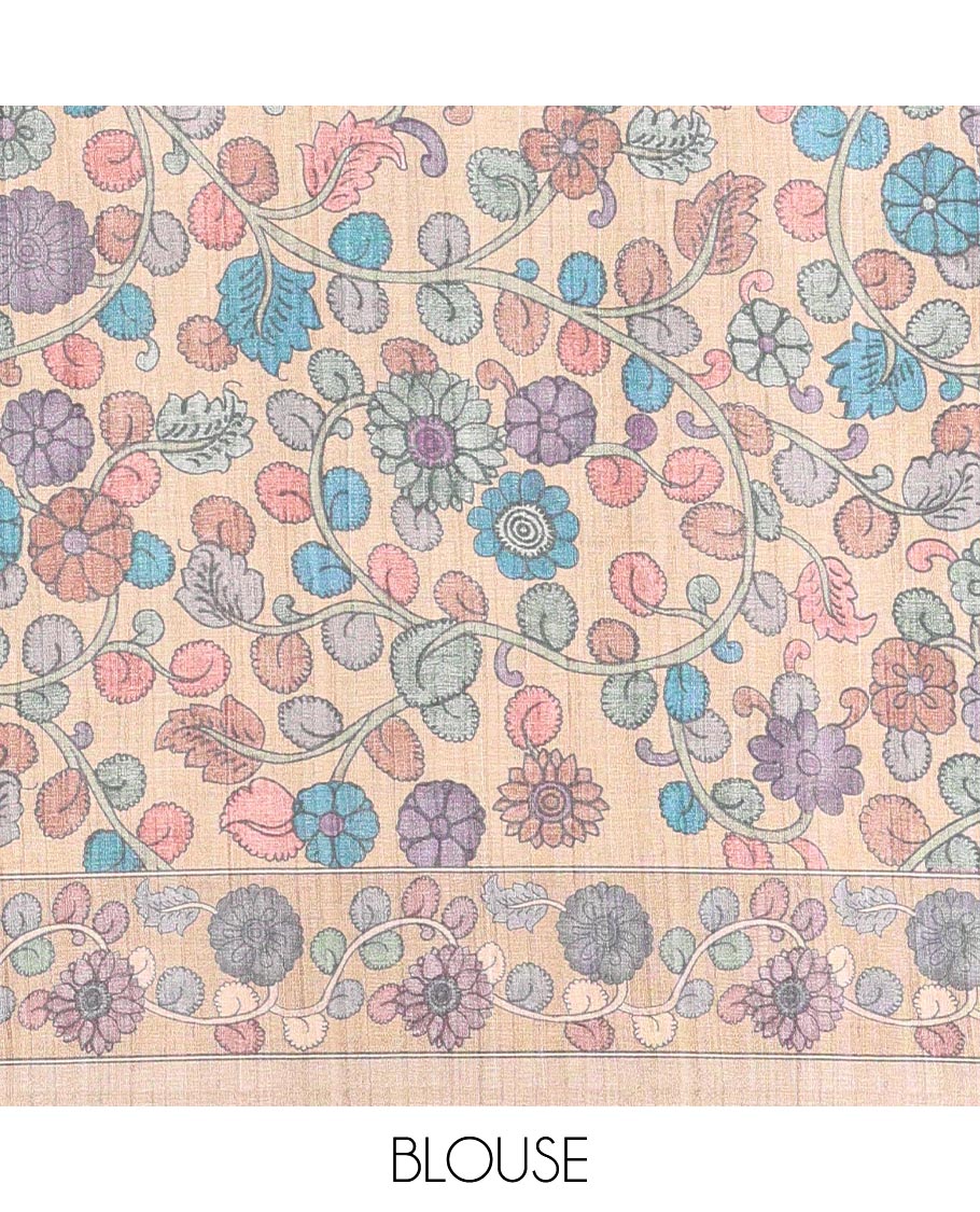 Grey plain fancy tussar saree, contrast floral creeper border, pallu of kalamkari floral vine print, and floral printed blouse - Image 4