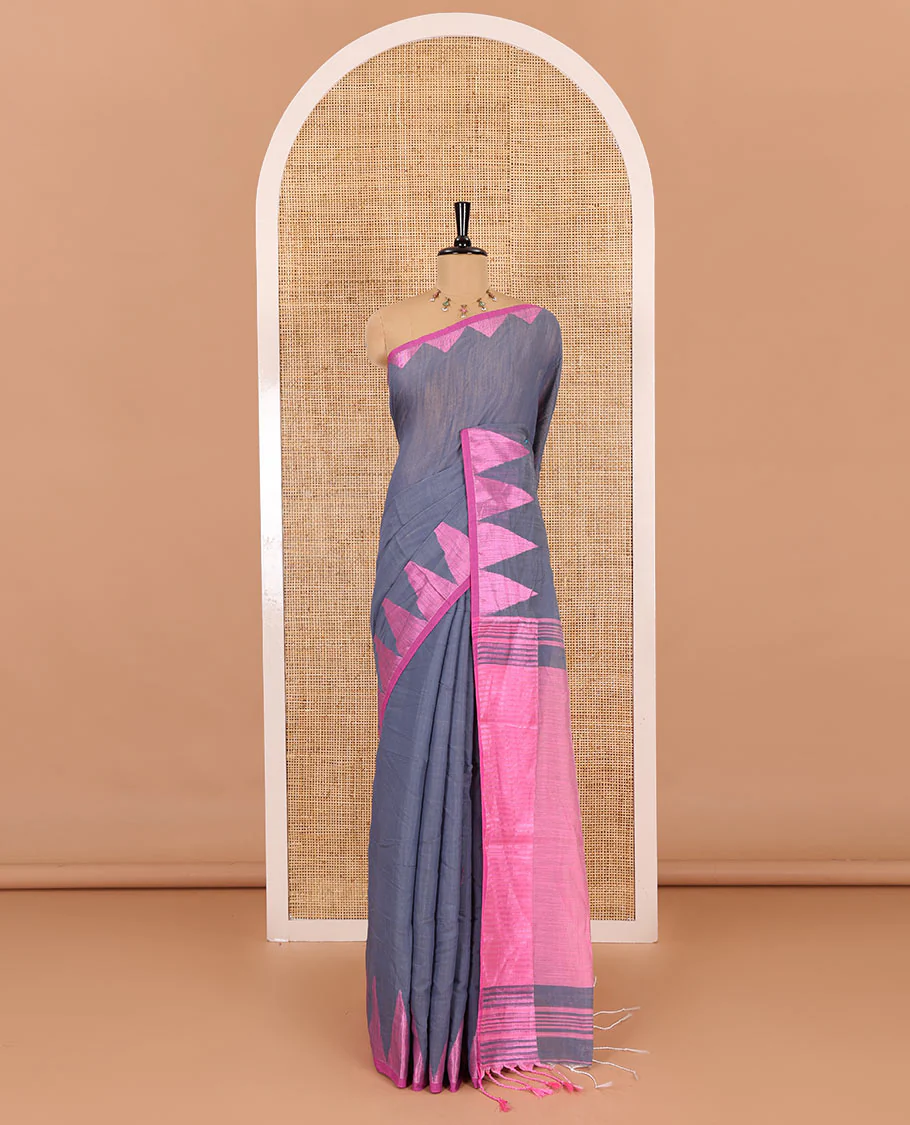 Grey plain khadi mul cotton saree, contrast thread temple border, plain pallu, and a contrast plain blouse - Image 2