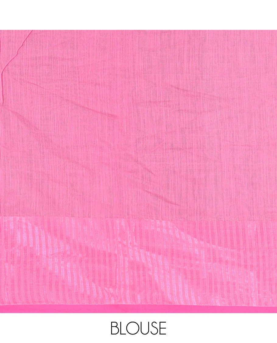 Grey plain khadi mul cotton saree, contrast thread temple border, plain pallu, and a contrast plain blouse - Image 4