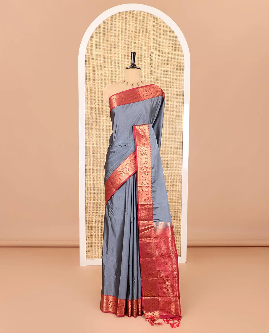 Grey plain luxury soft silk saree, contrast traditional temple zari border of elephant motifs, geometric zari pallu, and a contrast jacquard blouse - Image 2