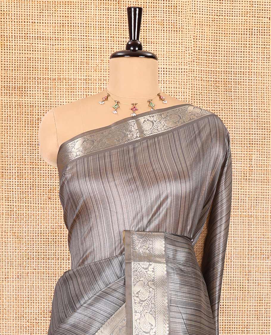 Grey striped semi-tussar saree, traditional zari border of floral creeper designs, contrast pallu of Pichwai cow print, and contrast Pichwai cow printed blouse - Image 3