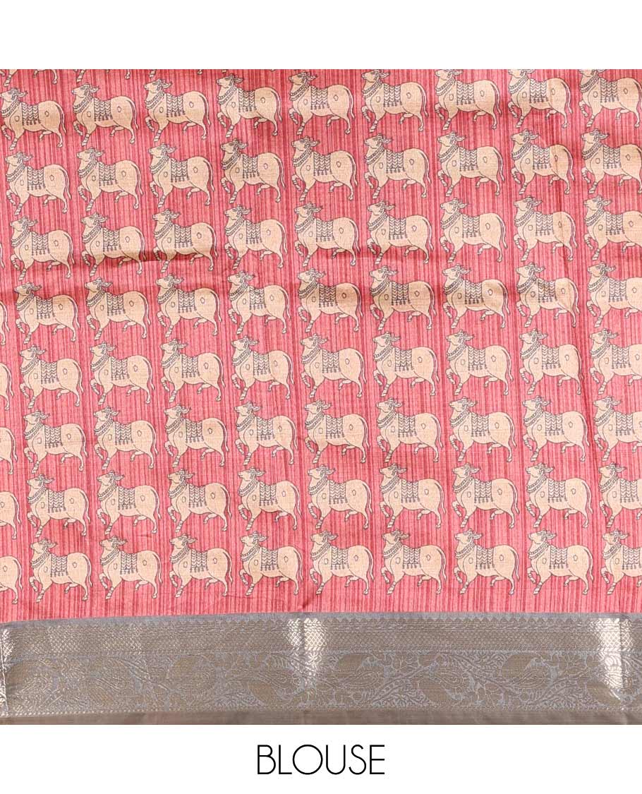 Grey striped semi-tussar saree, traditional zari border of floral creeper designs, contrast pallu of Pichwai cow print, and contrast Pichwai cow printed blouse - Image 4