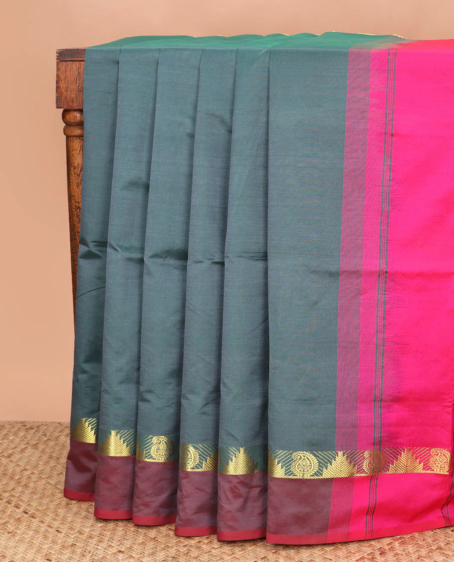 Grey plain poly cotton saree, contrast traditional zari border, and pallu of stripes
