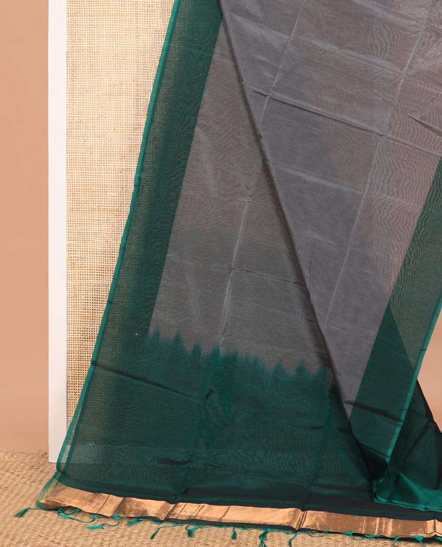 Grey plain semi-silk cotton saree, contrast plain border, and pallu - Image 2