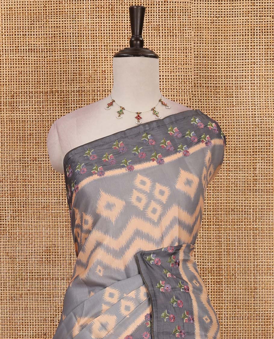 Grey pochampally ikkat style geometric printed fancy tussar saree, contrast floral motifs thread embroidered border, ikkat printed pallu, and plain blouse - Image 3