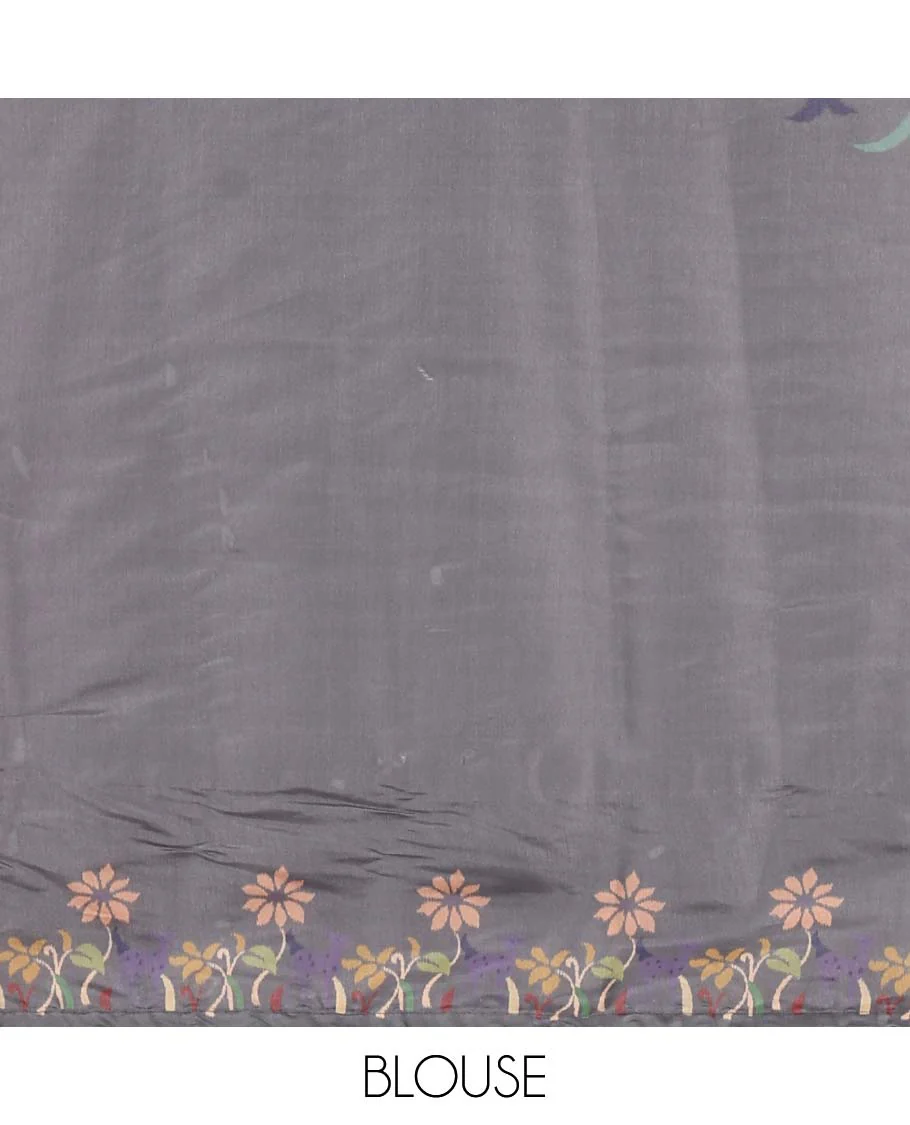 Grey pochampally ikkat style geometric printed fancy tussar saree, contrast floral motifs thread embroidered border, ikkat printed pallu, and plain blouse - Image 4