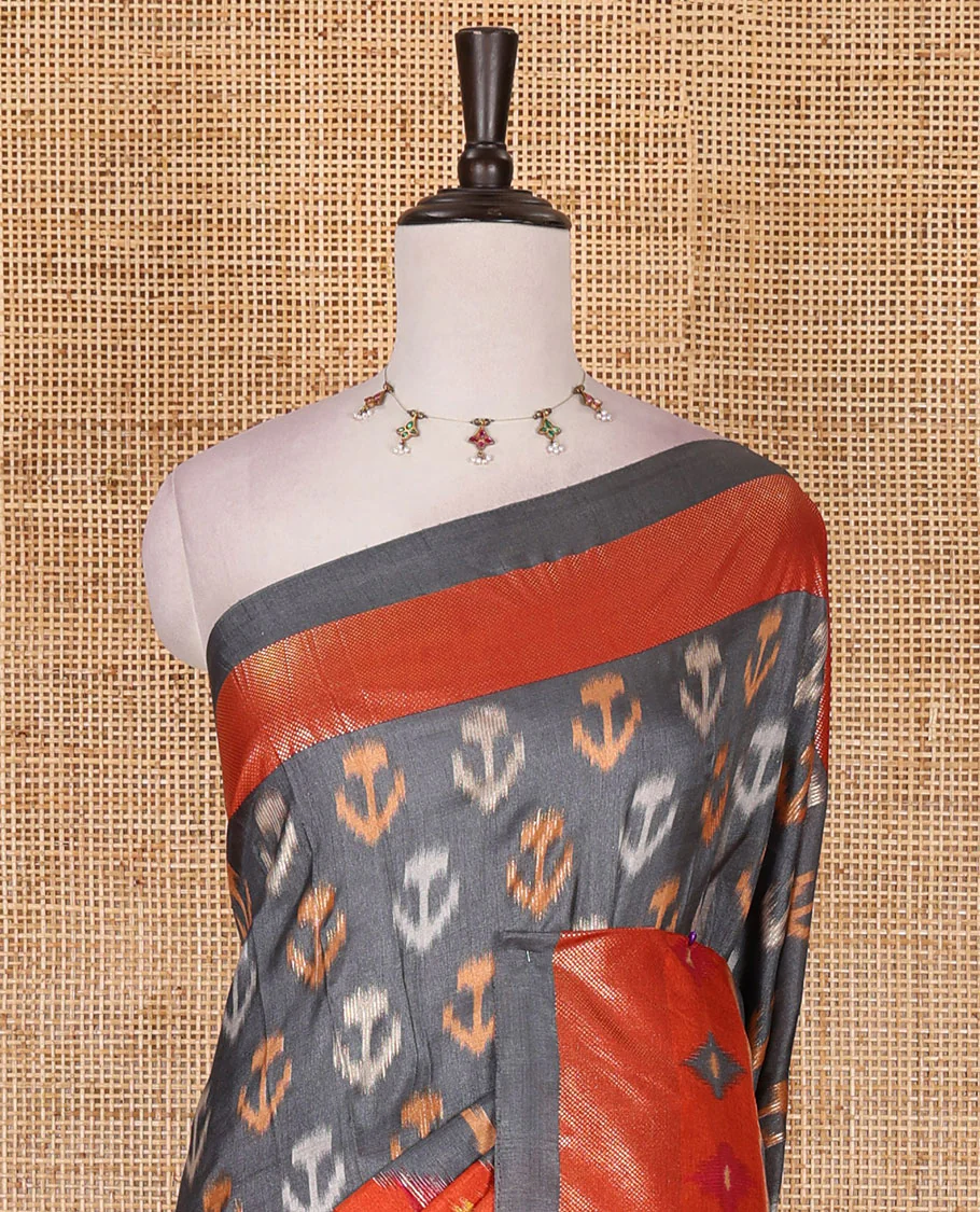 Grey pochampally style floral, and peacock printed dola silk saree, zari border, pallu of ikkat designs, and contrast ikkat motifs blouse - Image 3