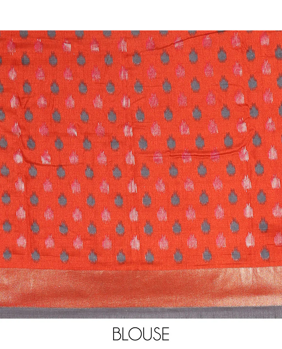 Grey pochampally style floral, and peacock printed dola silk saree, zari border, pallu of ikkat designs, and contrast ikkat motifs blouse - Image 4