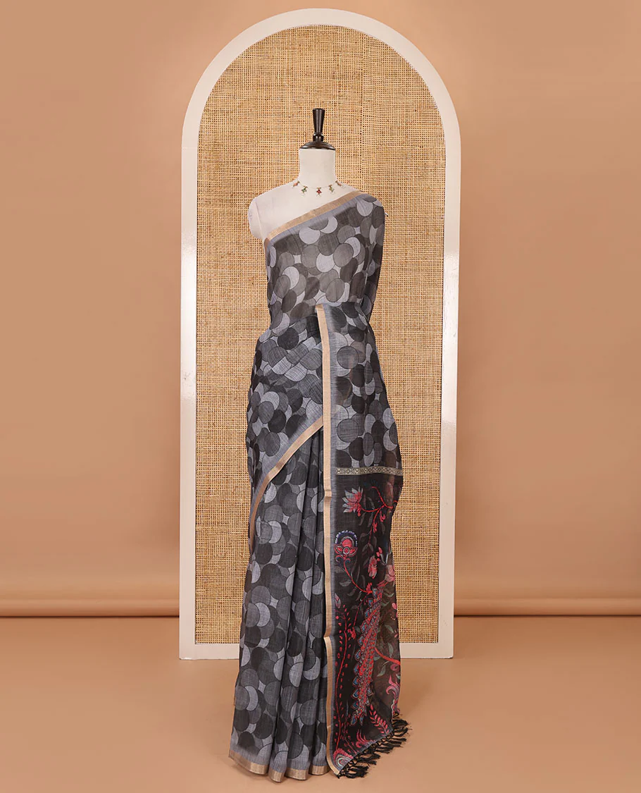 Grey polka dots printed linen cotton saree, piping border, kalamkari floral-peacock printed pallu & small polka dots printed blouse - Image 2