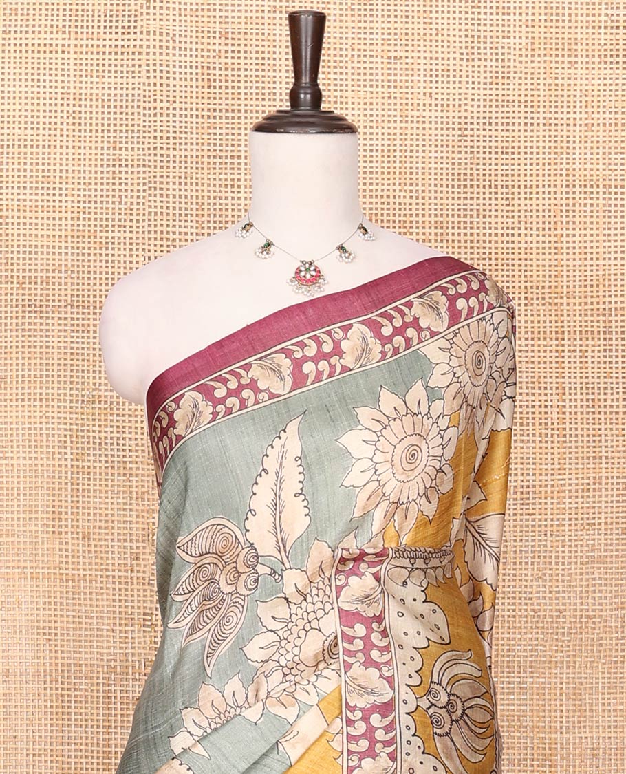 Grey Printed Silk Saree Decked Up with Floral and Ancient Human Motifs Print, Complemented with a Contrast Printed Border, Pallu Beautifully Printed with Lord Krishna and Radha Figurines, and Paired with a Contrast Printed Blouse - Image 3