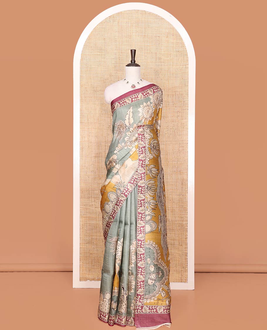 Grey Printed Silk Saree Decked Up with Floral and Ancient Human Motifs Print, Complemented with a Contrast Printed Border, Pallu Beautifully Printed with Lord Krishna and Radha Figurines, and Paired with a Contrast Printed Blouse - Image 4
