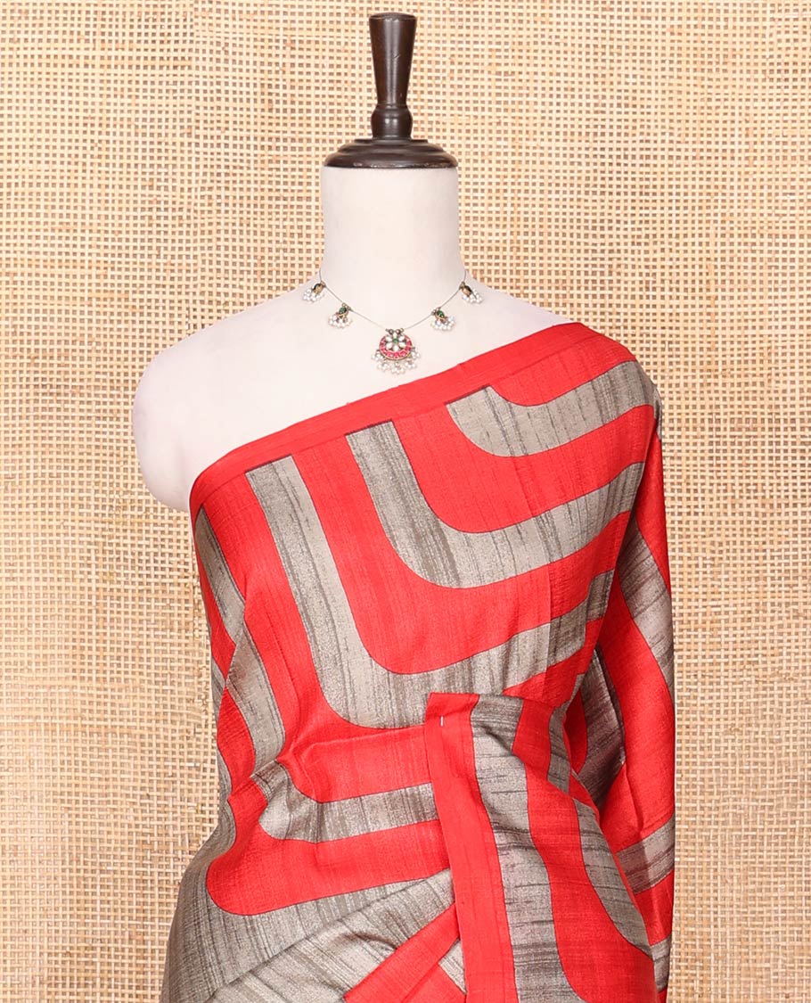Grey Printed Silk Saree Featuring Thick Zig-Zag Stripes Running on the Body, Complemented with a Contrast Piping Border, Pallu of Geometric Print, and Paired with a Contrast Plain Blouse - Image 2
