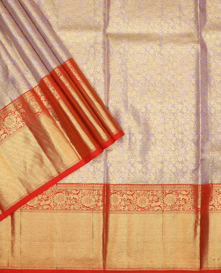 Grey pure silk half saree, floral vine jacquard, contarst jacquard blouse and border of thilakam, muthu, neli and kodi visiry, and jaal design dhavani - Image 2