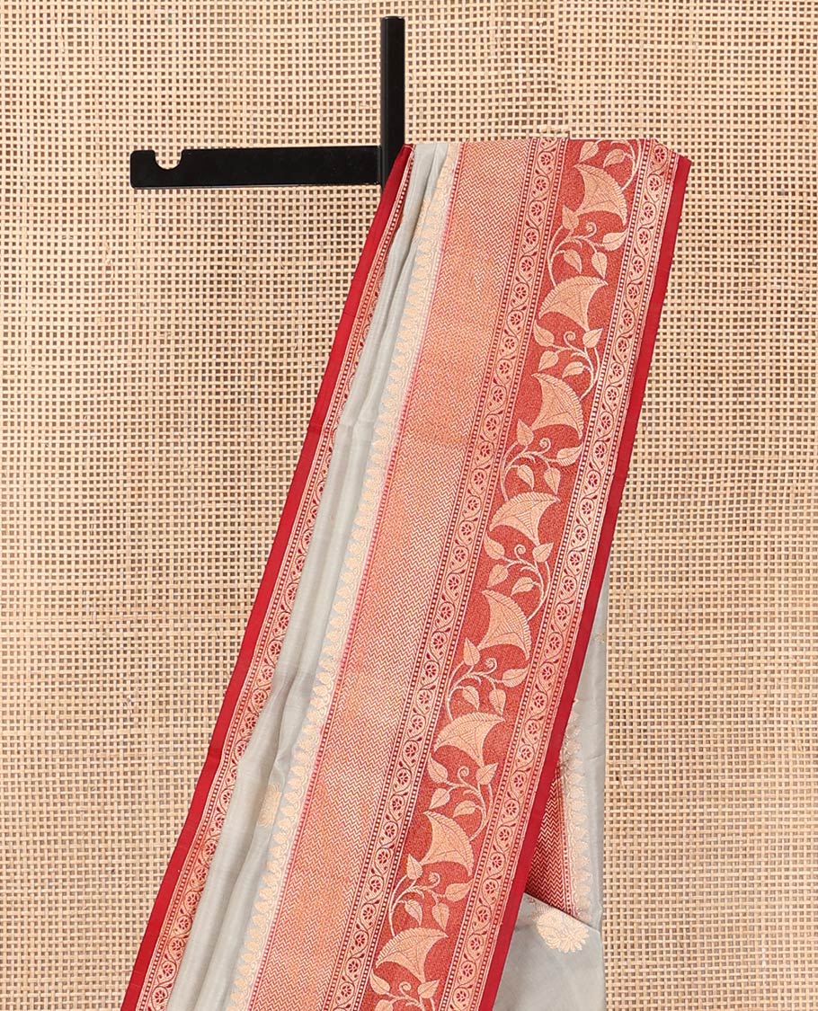 Grey Raw Mango Silk Saree Adorned with Buttas, Complemented by a Contrast Traditional Zari-Designed Border, Featuring a Zari-Elevated Jaal-Designed Pallu, Paired with a Contrast Blouse - Image 3