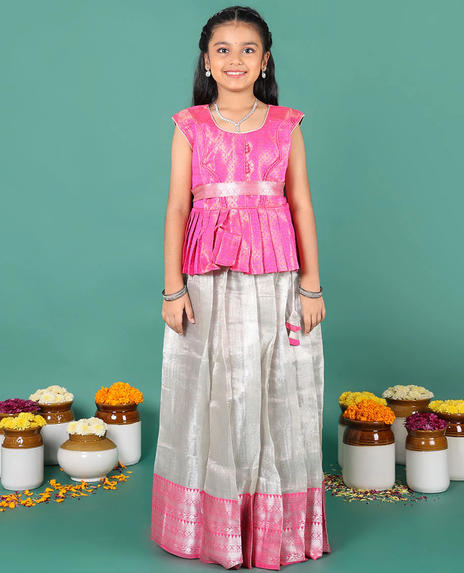 Grey readymade art silk pavadai, plain & contrast traditional zari border skirt & jacquard sleeveless round-neck blouse with belt - Image 2