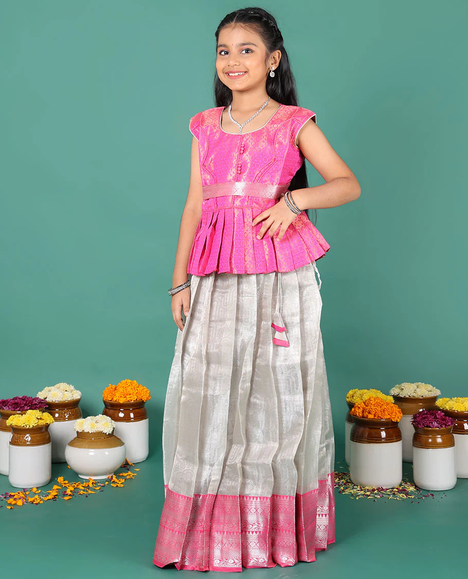 Grey readymade art silk pavadai, plain & contrast traditional zari border skirt & jacquard sleeveless round-neck blouse with belt - Image 4