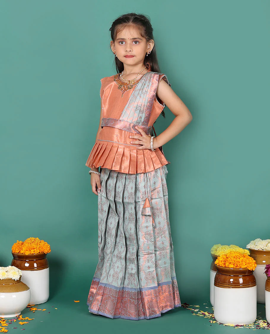 Grey readymade art silk pavadai set, jacquard with contrast traditional zari border skirt, and contrast jacquard embroidered sleeveless blouse with detachable dupatta - Image 2