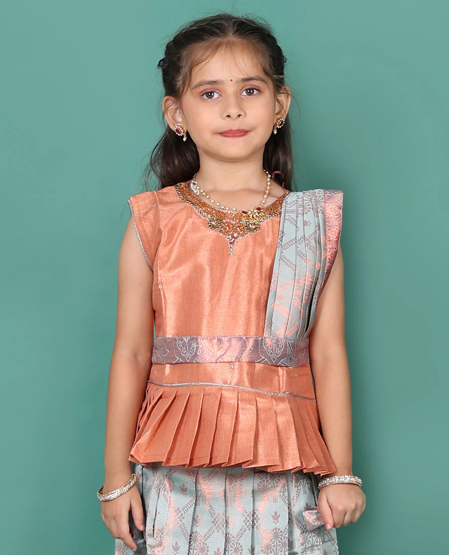 Grey readymade art silk pavadai set, jacquard with contrast traditional zari border skirt, and contrast jacquard embroidered sleeveless blouse with detachable dupatta - Image 3
