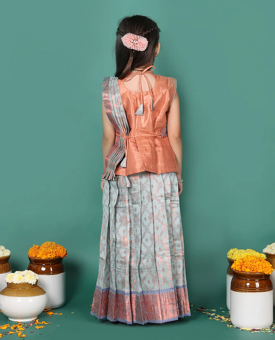 Grey readymade art silk pavadai set, jacquard with contrast traditional zari border skirt, and contrast jacquard embroidered sleeveless blouse with detachable dupatta - Image 5