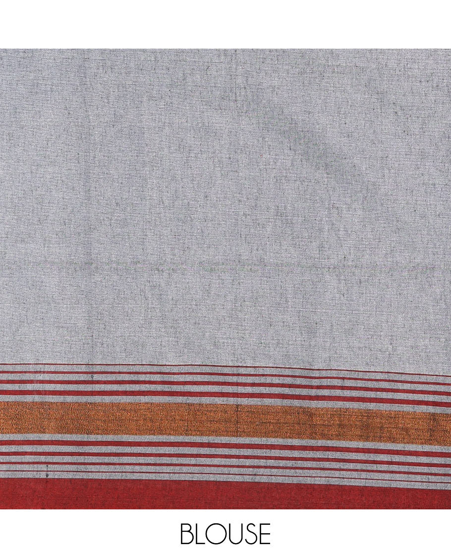 Grey-red plain design mul mul cotton saree, contrast copper zari horizontally striped border, plain pallu, and plain blouse - Image 4