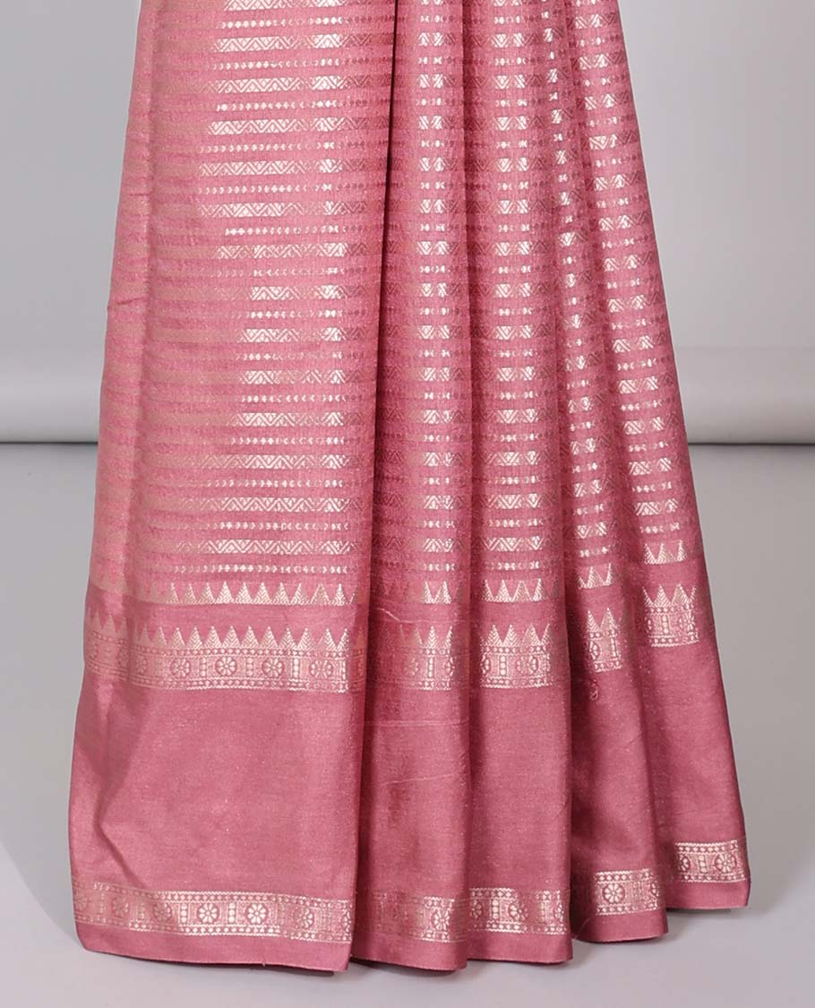 Grey semi-banaras tussar saree with zari designs, traditional zari border & jaal pallu - Image 11