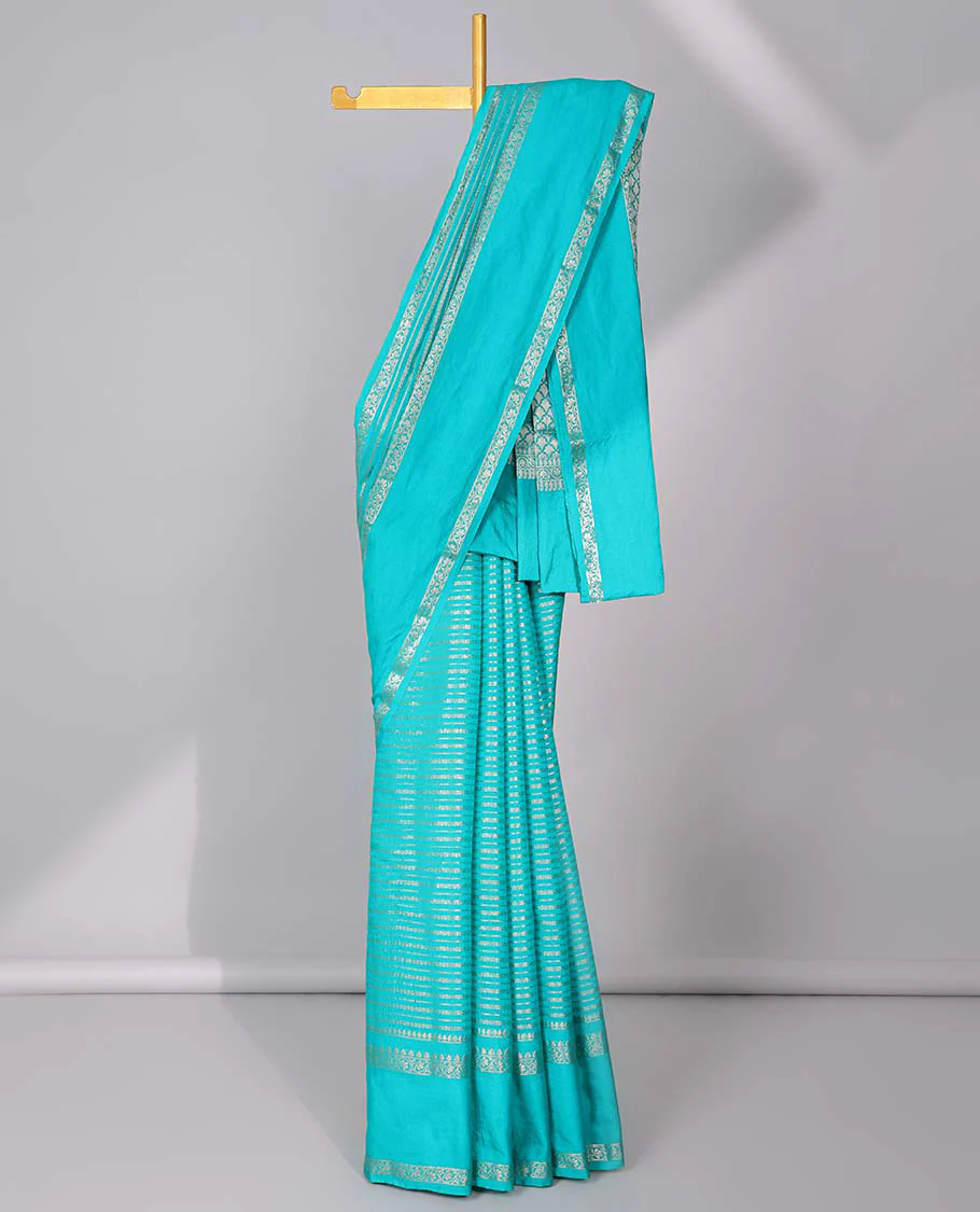 Grey semi-banaras tussar saree with zari designs, traditional zari border & jaal pallu - Image 13