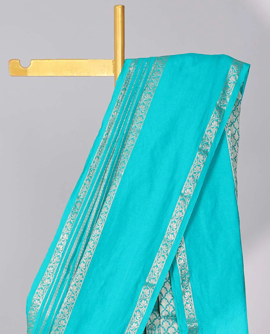 Grey semi-banaras tussar saree with zari designs, traditional zari border & jaal pallu - Image 14