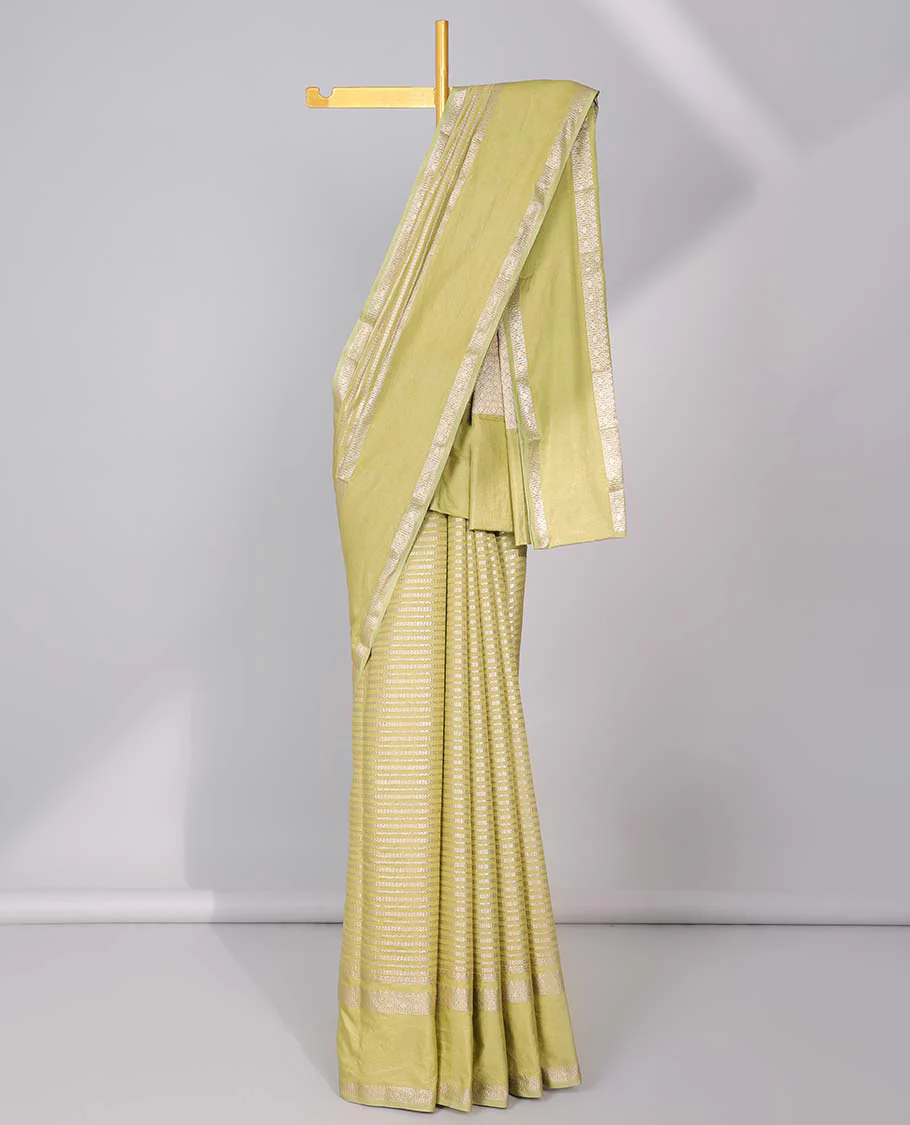 Grey semi-banaras tussar saree with zari designs, traditional zari border & jaal pallu - Image 17