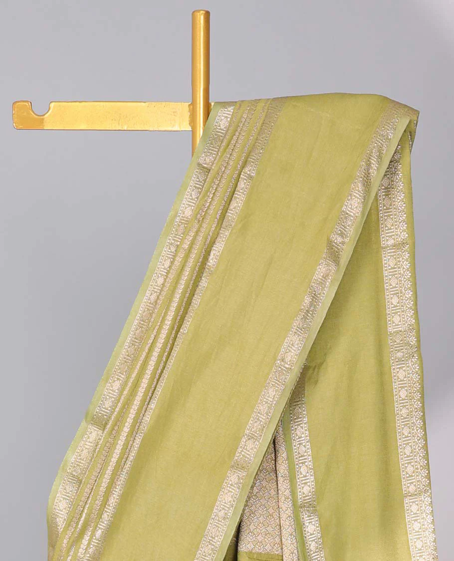 Grey semi-banaras tussar saree with zari designs, traditional zari border & jaal pallu - Image 18