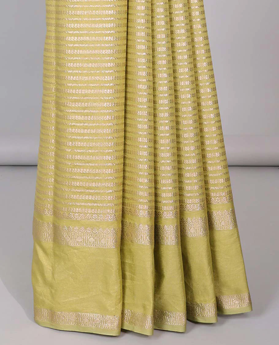 Grey semi-banaras tussar saree with zari designs, traditional zari border & jaal pallu - Image 19