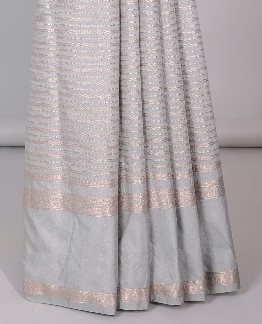 Grey semi-banaras tussar saree with zari designs, traditional zari border & jaal pallu - Image 3