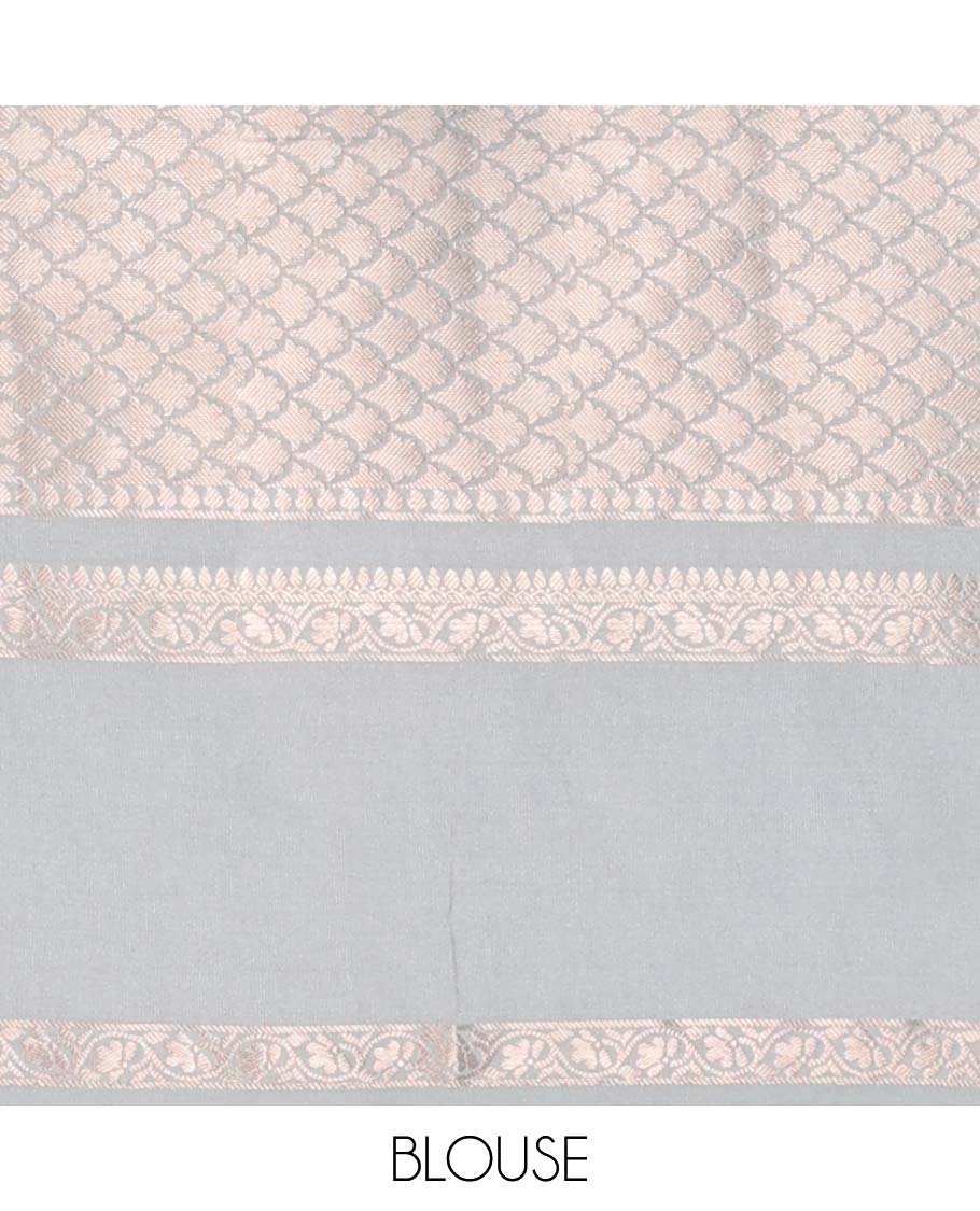 Grey semi-banaras tussar saree with zari designs, traditional zari border & jaal pallu - Image 4