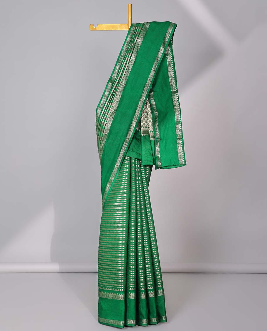 Grey semi-banaras tussar saree with zari designs, traditional zari border & jaal pallu - Image 5