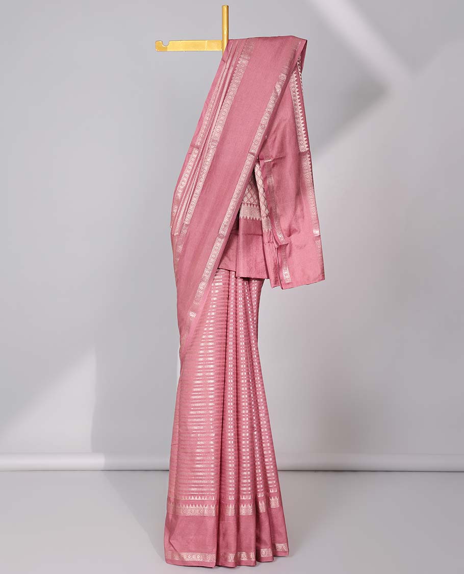 Grey semi-banaras tussar saree with zari designs, traditional zari border & jaal pallu - Image 9