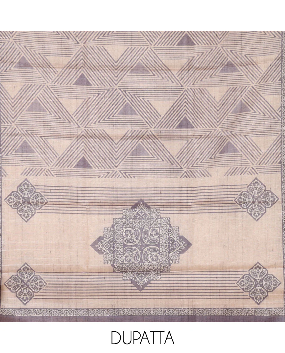 Grey semi-tussar material chudidar set, triangle printed top, heathered bottom & dupatta of triangle & four-petal floral print - Image 2