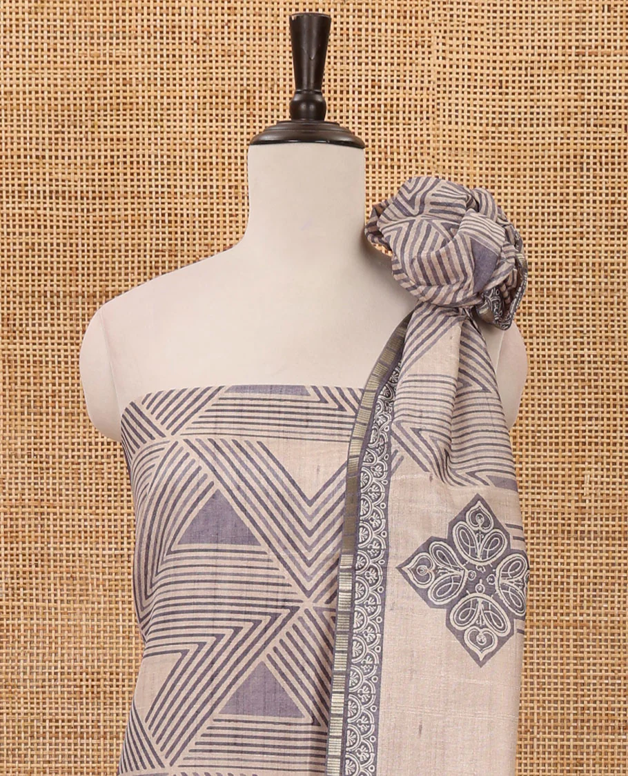 Grey semi-tussar material chudidar set, triangle printed top, heathered bottom & dupatta of triangle & four-petal floral print - Image 3