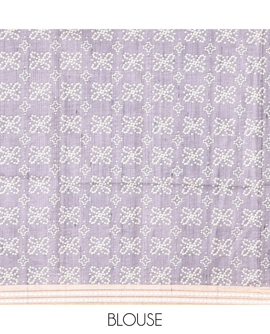 Grey Semi-Tussar Saree Featuring Horizontal Stripe Prints, Accentuated by a Subtle Resham Thread Temple-Designed Border, with a Pallu Highlighted by Intricate Circular Motifs, Paired with a Contrast Bandhani Blouse - Image 4