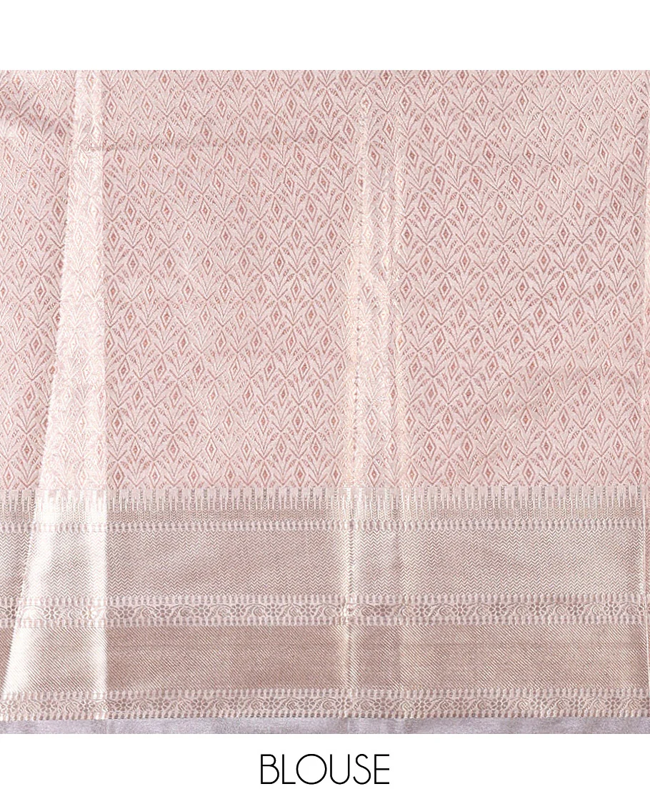 Grey silver and copper zari jaal design tissue silk saree, traditional zari border of floral creeper designs, floral design pallu, and a jacquard blouse - Image 3