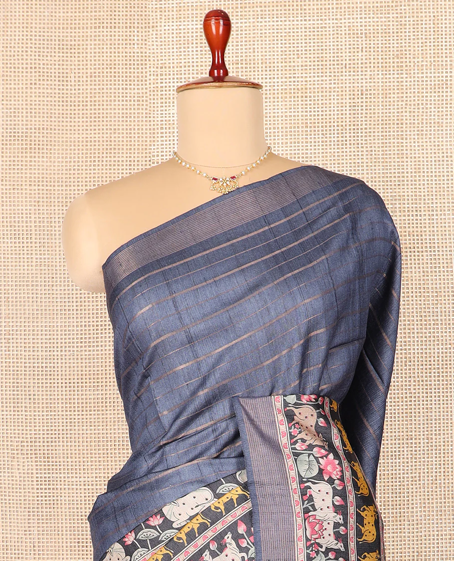 Grey striped and Pichwai cow and lotus printed tussar silk saree, striped border, and self-pallu - Image 3