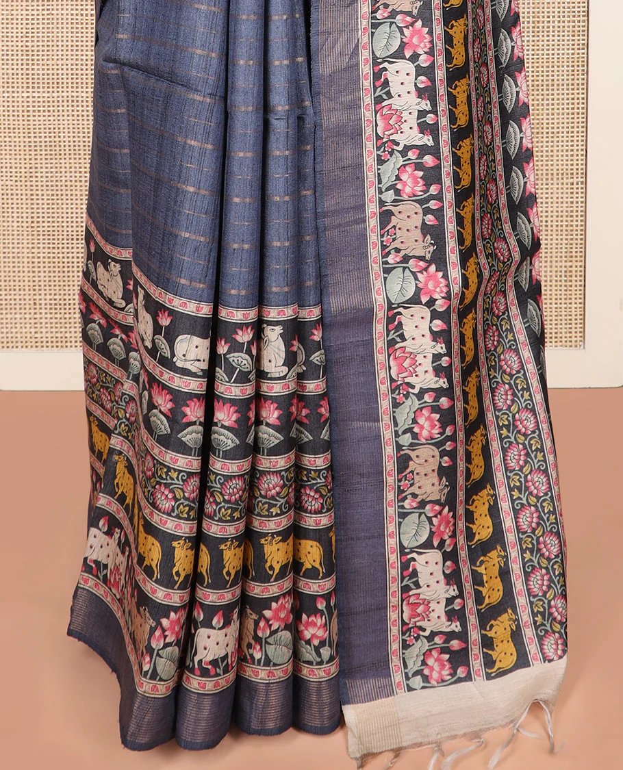 Grey striped and Pichwai cow and lotus printed tussar silk saree, striped border, and self-pallu - Image 4