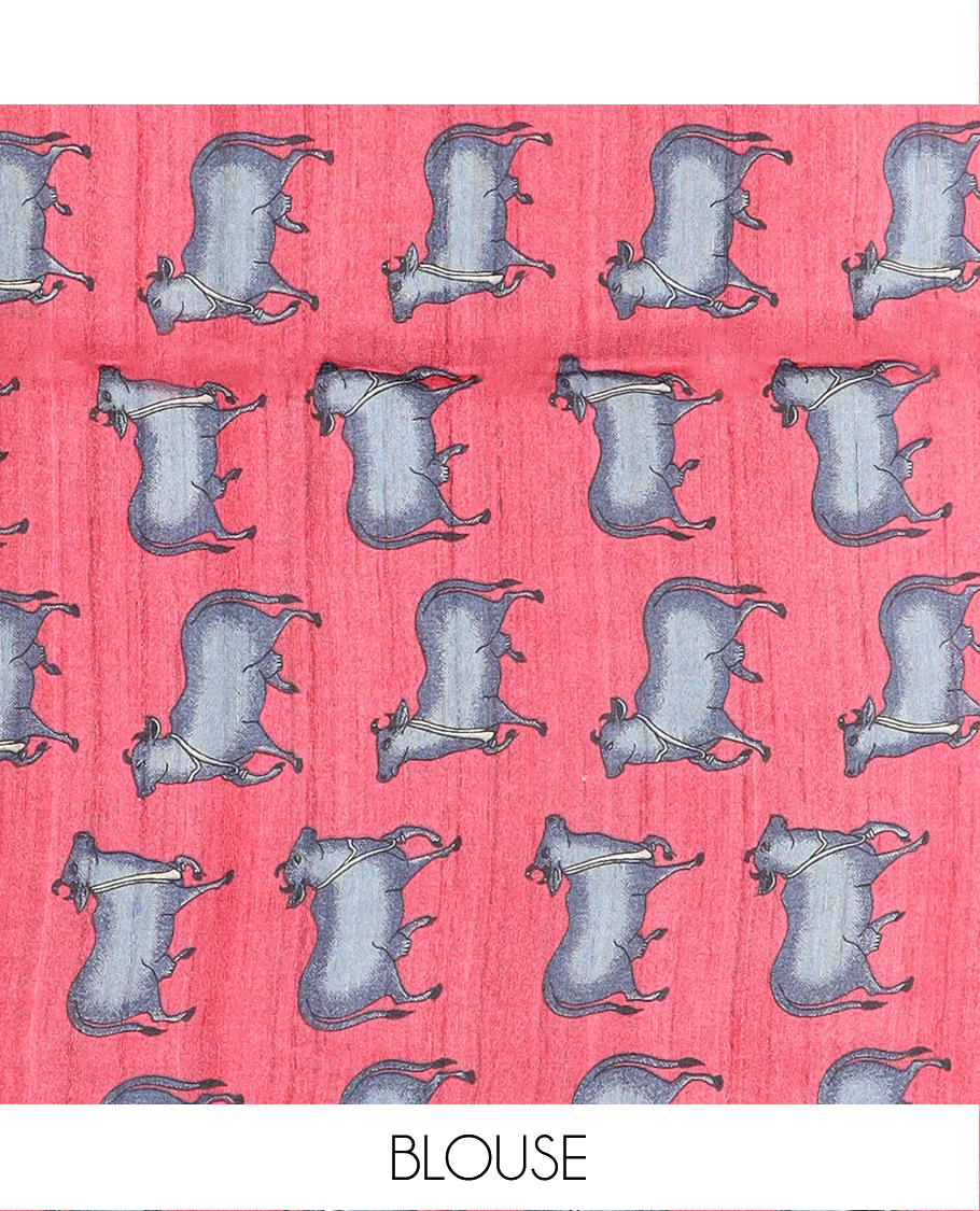 Grey striped and Pichwai cow and lotus printed tussar silk saree, striped border, and self-pallu - Image 5